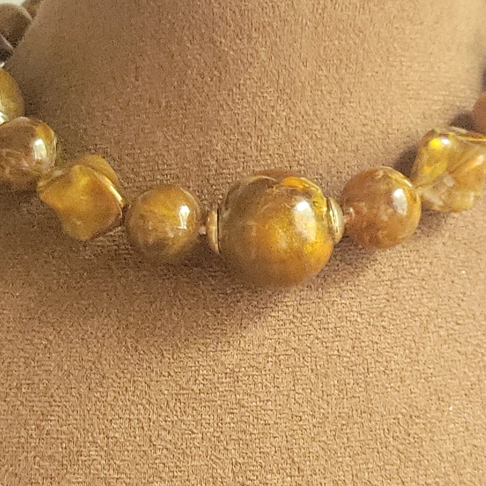 Vintage West Germany Amber Acrylic Bead Necklace Gold Tone Clasp 16"